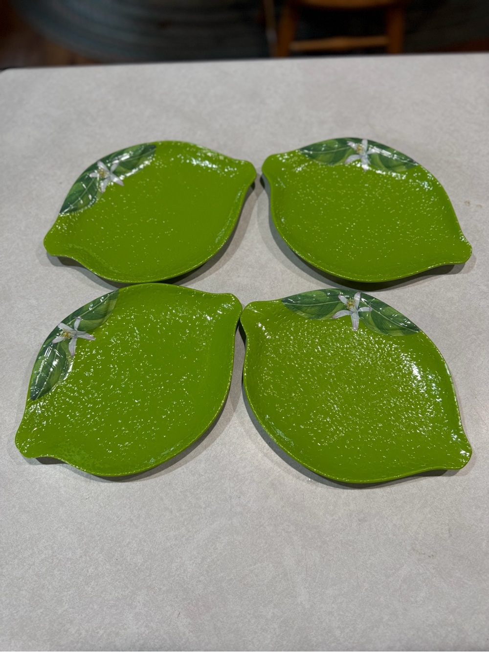 Set of 4 Shabby Chic Melamine Lime Fruit Shaped Plates (9" x 7")